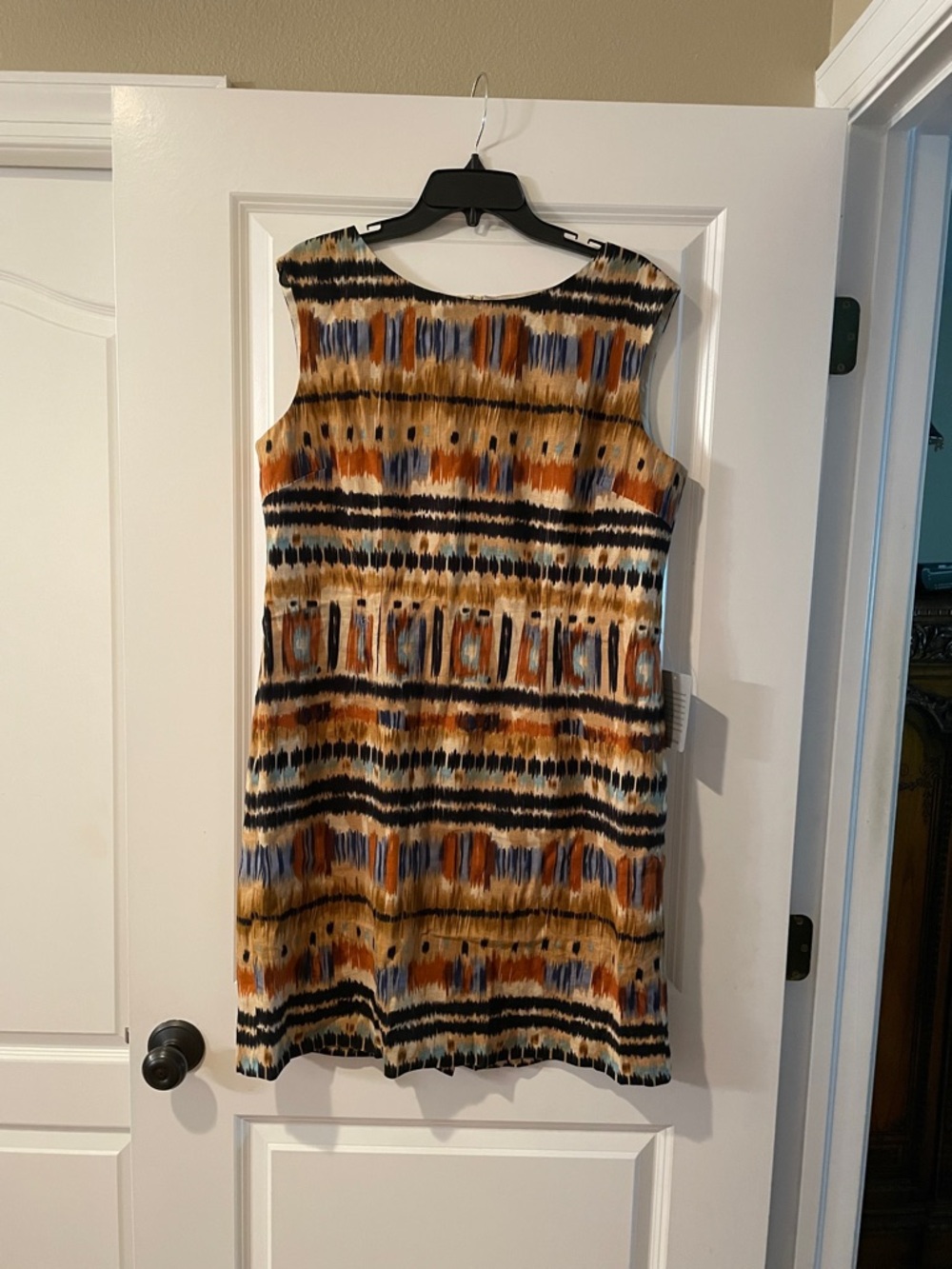 Sleeveless Midi Shift Dress in Multi Brown & Blue Print